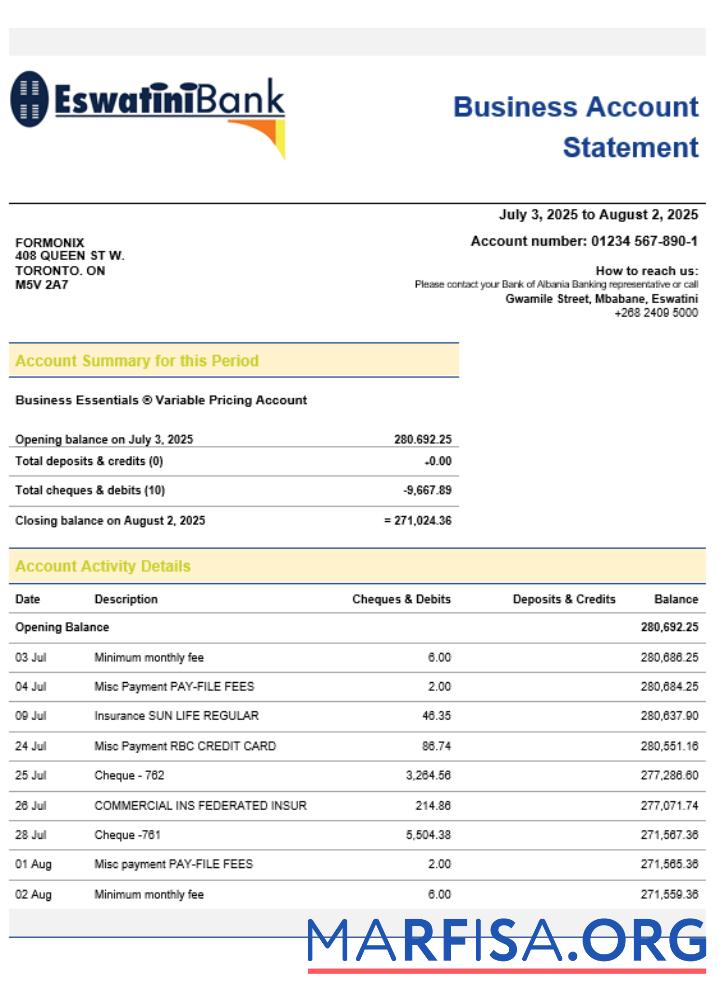 Realistic Swazibank Limited company checking account statement Word and PDF template
